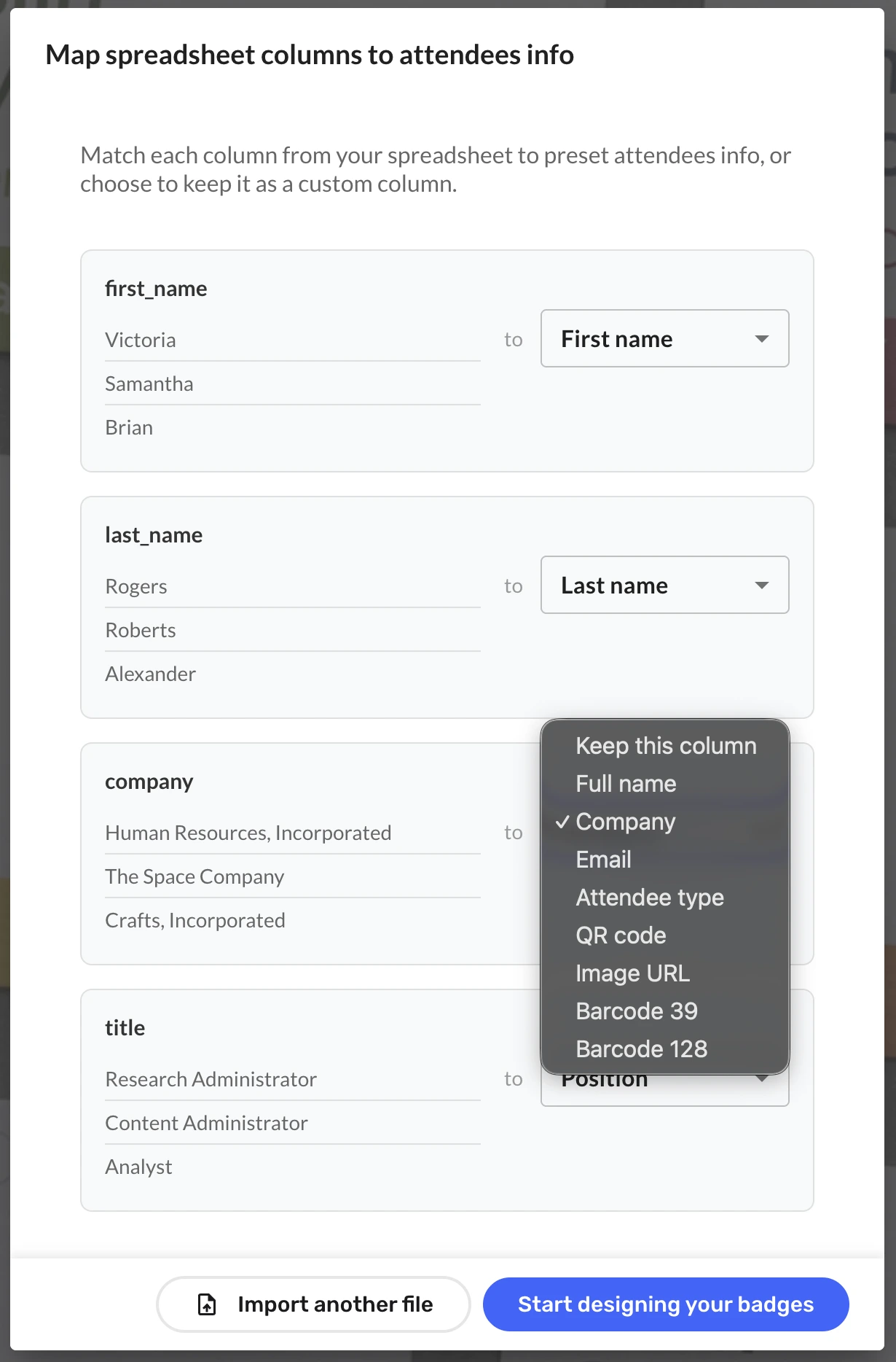 Map CSV or Excel columns to badge fields